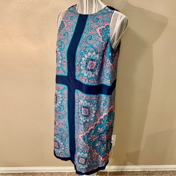 LOFT Sheath Dress Small Teal Pink Navy Sleeveless Lightweight Patterned Back Zip - Picture 6 of 14